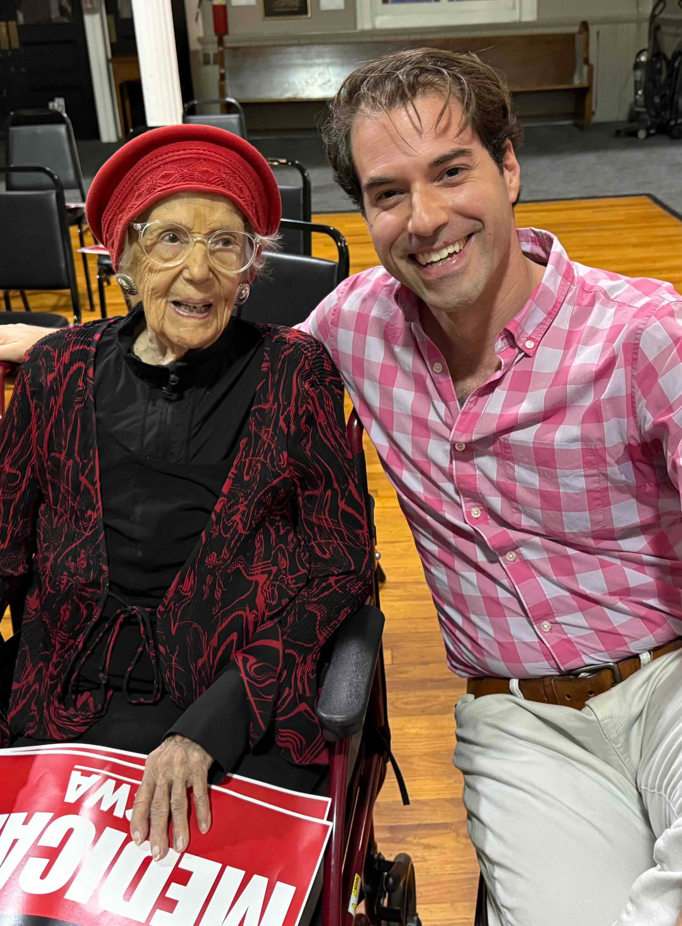 Mike Sacks connecting with senior voter at community town hall discussing Medicare and Social Security in NY-17